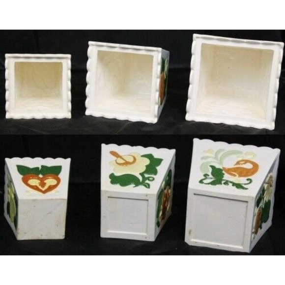 Vtg 1967 Hand Painted Ceramic Canister 6 pc Set Scalloped Edge Bird Fruit Flower - Picture 10 of 15
